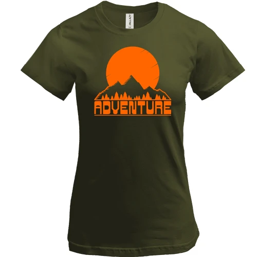 Женская футболка, хаки, с горами "Adventure"