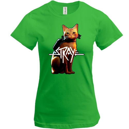 Женская футболка, Зеленый, с кошкой "Stray"