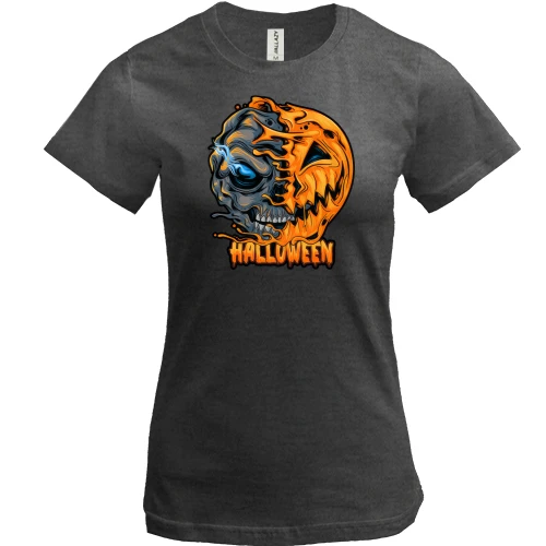 Женская футболка, Серый меланж, Halloween с черепом-тыквой