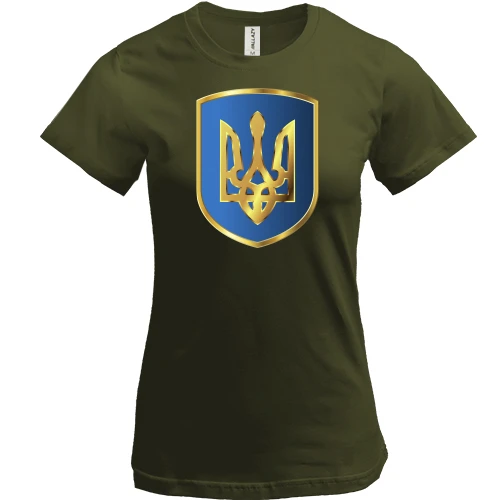 Женская футболка, хаки, с тризубом на синем щите