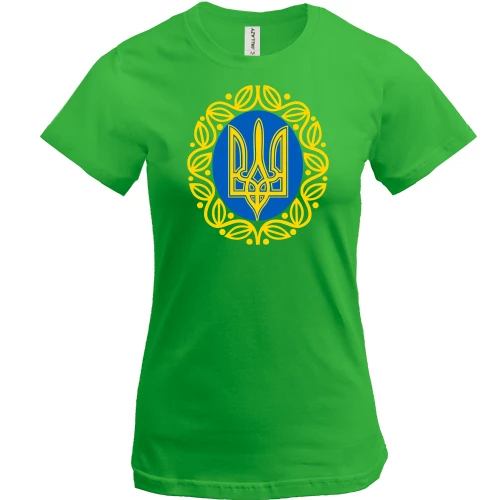 Женская футболка, Зеленый, "Герб Украины с узором"