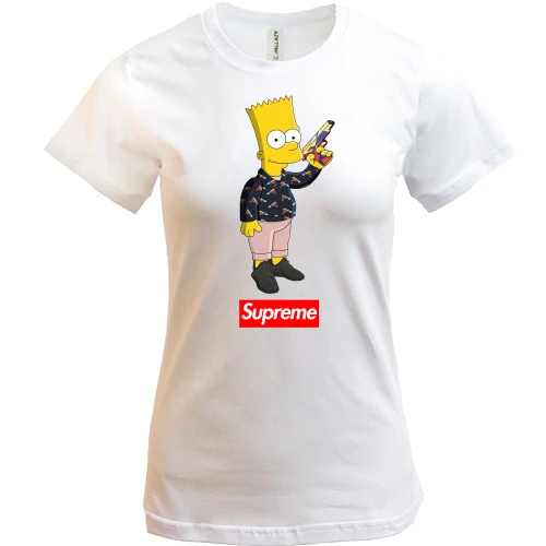 Женская футболка, белый, Барт Симпсон с надписью Supreme