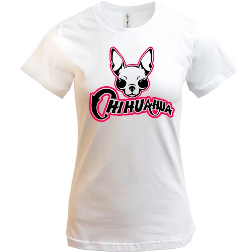Женская футболка с чихуахуа и розовой надписью «CHIHUAHUA»