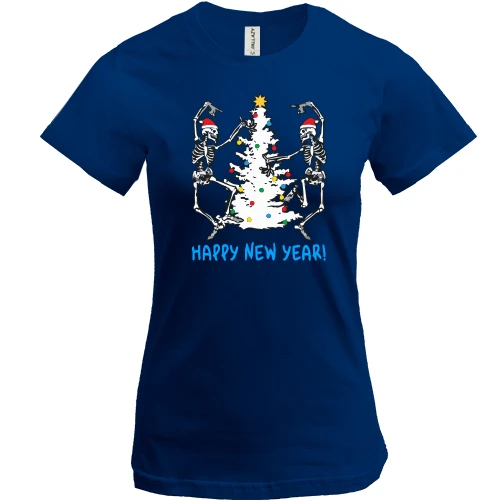 Жіноча футболка, Синій, з скелетами та ялинкою "Happy New Year"