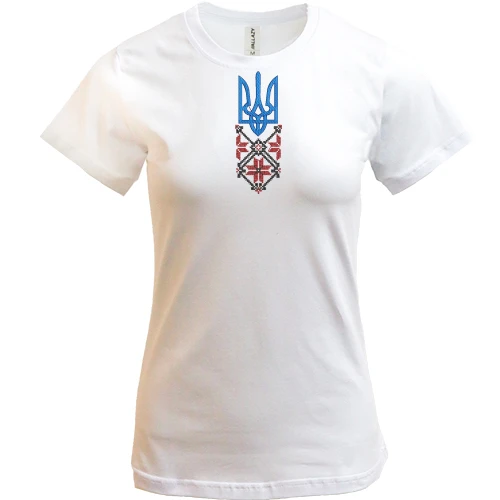 Женская футболка, Белый, с тризубом и красно-черной вышиванкой