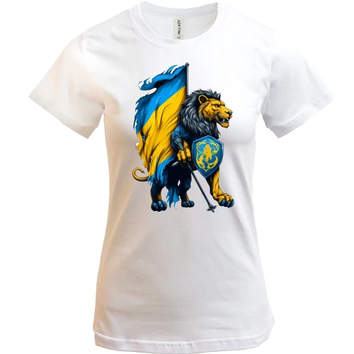 Женская футболка, Белый, Лев-воин с украинским флагом