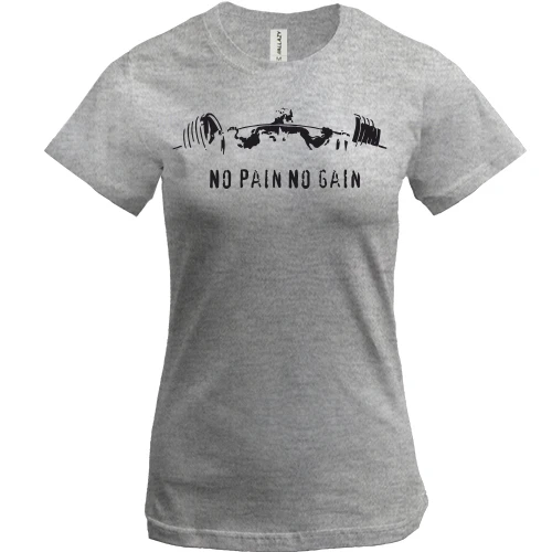 Женская футболка, Серый меланж, с атлетом со штангой «No pain no gain»