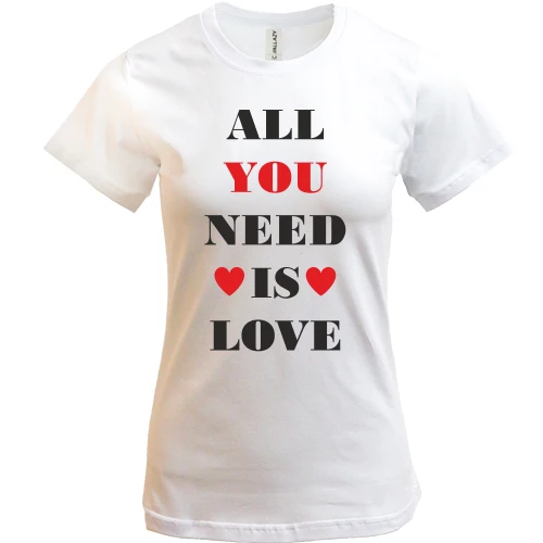 Жіноча футболка, Білий, з написом «All you need is love» і сердечками