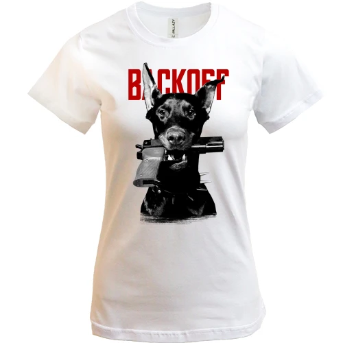 Женская футболка, белый, Backoff - пес с пистолетом