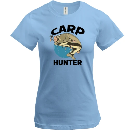 Женская футболка, Синий, с карпом и приманкой «Carp Hunter»