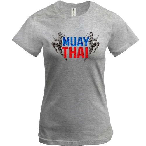 Женская футболка, Серый меланж, Муай тай с надписью «MUAY THAI» и силуэтами бойцов