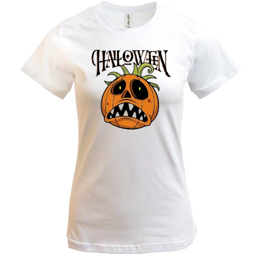 Женская футболка, Белый, Halloween с тыквой-монстром