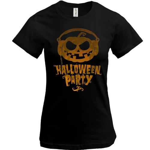 Женская футболка, Черный, Halloween Party с тыквой в наушниках