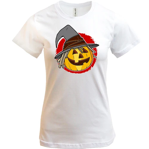 Женская футболка, Белый, Halloween Тыква в шляпе