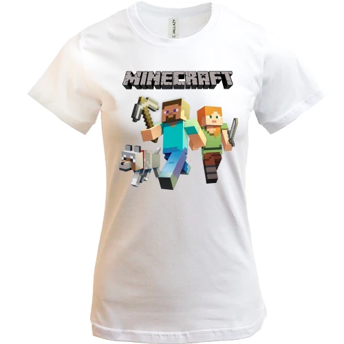Женская футболка, Белый, со Стивом, Алекс и волком из Minecraft