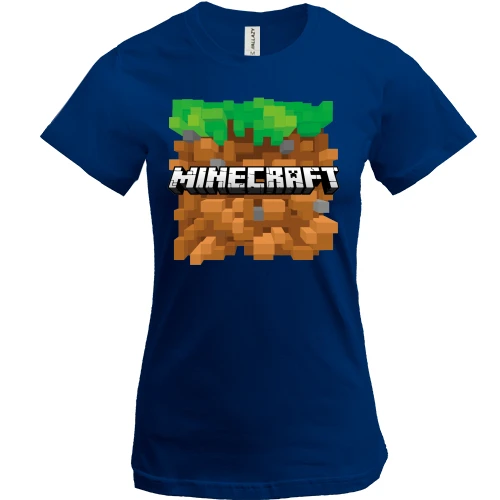 Женская футболка, Синий, с блоком земли и логотипом Minecraft