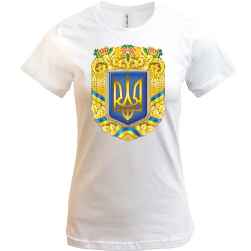 Женская футболка, Белый, с большим гербом Украины, колосьями и калиной