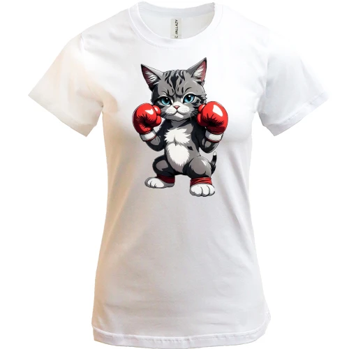 Жіноча футболка, Білий, з котом-боксером в перчатках