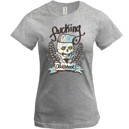 Женская футболка, Серый меланж, с черепом Fuking oldschool