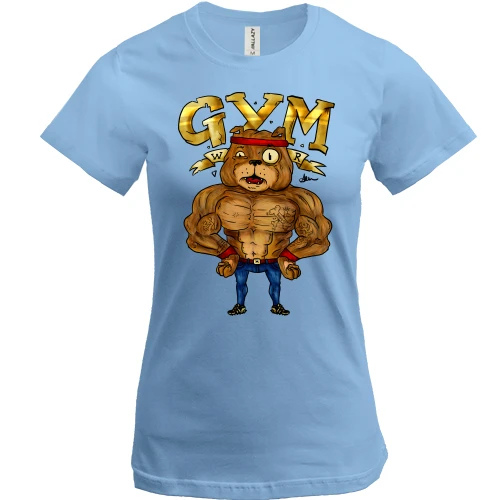 Женская футболка, Синий, Gym с бульдогом (мульт)