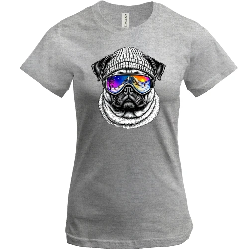 Женская футболка, Серый меланж, Пес в лыжной маске