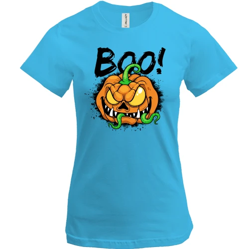 Женская футболка, Белый, со злой тыквой и надписью BOO