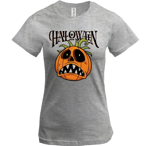 Женская футболка, Белый, с расстроенной тыквой и надписью Halloween