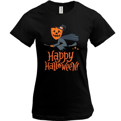 Женская футболка, Черный, Halloween с ведьмой на метле
