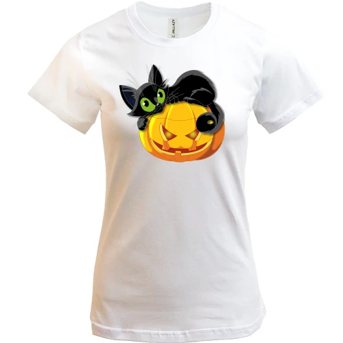 Женская футболка, Белый, с котом на тыкве