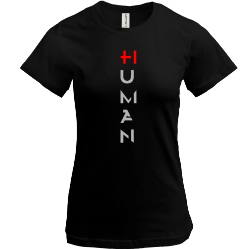 Женская футболка, Черный, HI HUMAN с красным плюсом