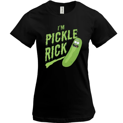 Женская футболка, Черный, с крупной зелёной надписью «I'm Pickle Rick»