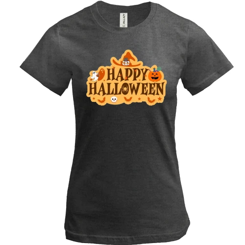Женская футболка, Серый меланж, Happy Halloween (Вывеска)
