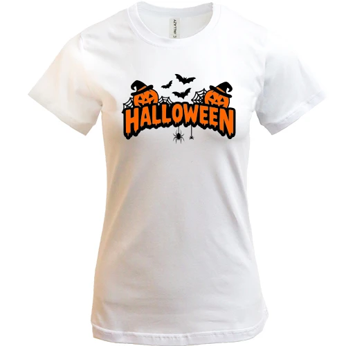 Женская футболка, Белый, Надпись Halloween с тыквами
