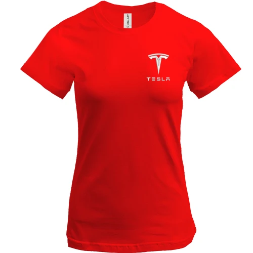 Женская футболка, Красный, Tesla — вышитый логотип