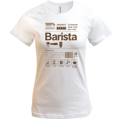Жіноча футболка із принтом-етикеткою «Barista» та іконками кавових аксесуарів