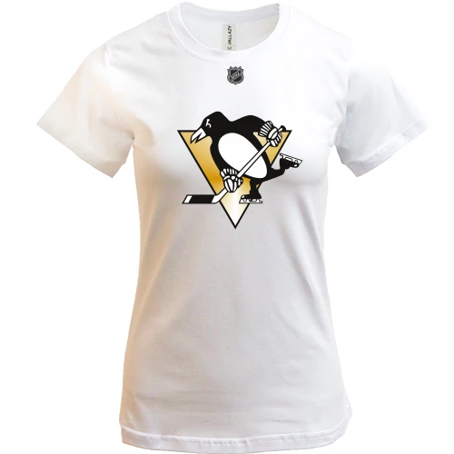 Женская футболка, Белый, Pittsburgh Penguins с пингвином и золотым треугольником