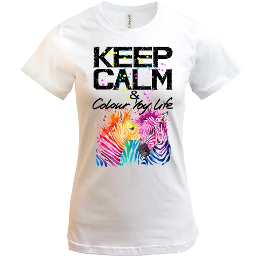 Женская футболка Keep calm and colour your life с цветными зебрами