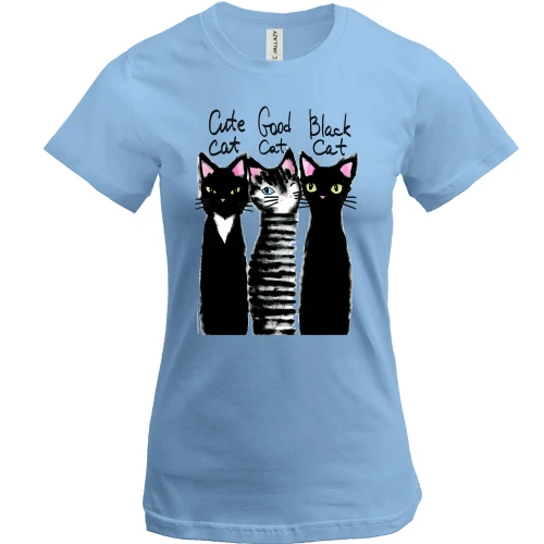 Женская футболка, Синий, с тремя котами "cute, good, black"