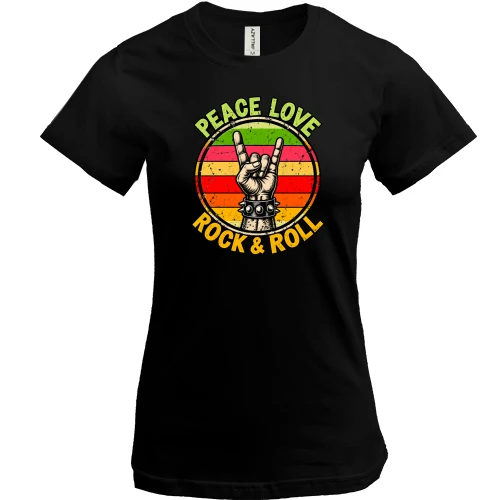 Жіноча футболка з написом «PEACE, LOVE, ROCK & ROLL»