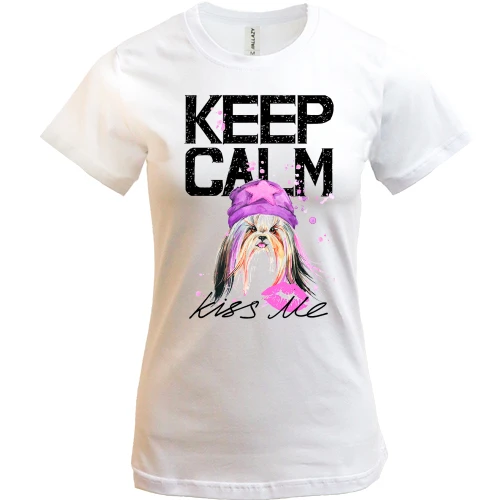 Женская футболка Keep calm and kiss me с Йоркширским терьером