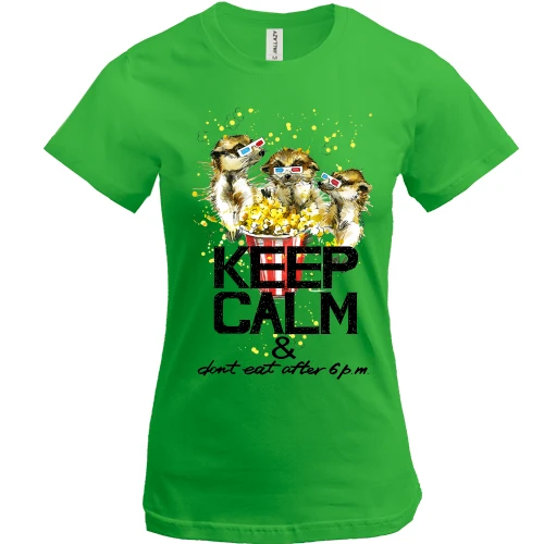 Женская футболка, Зеленый, с сусликами и попкорном Keep calm & dont eat after 6 pm