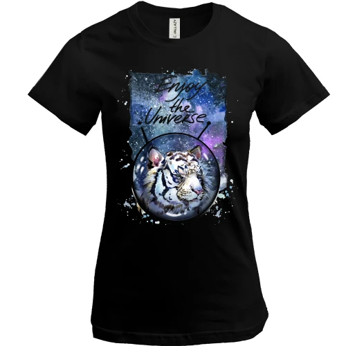 Женская футболка, Черный, c тигром "Enjoy the universe" (1)