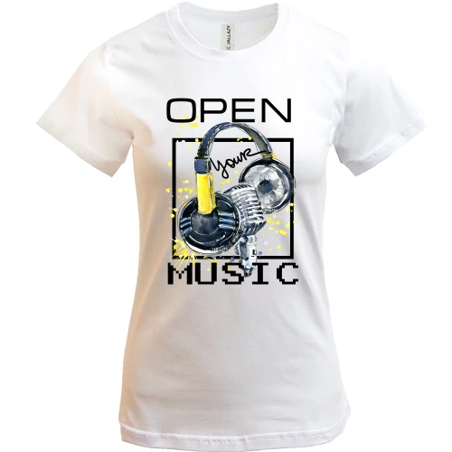 Женская футболка с желтым принтом «Open your music»