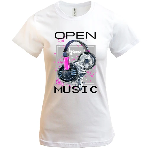 Женская футболка с розовым принтом «Open your music»