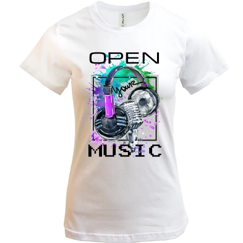 Женская футболка, Синий, с наушниками Open your music