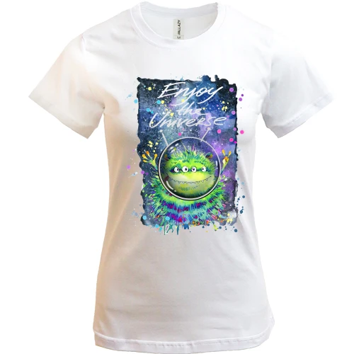 Жіноча футболка, Білий, с зеленим монстром "enjoy the universe"
