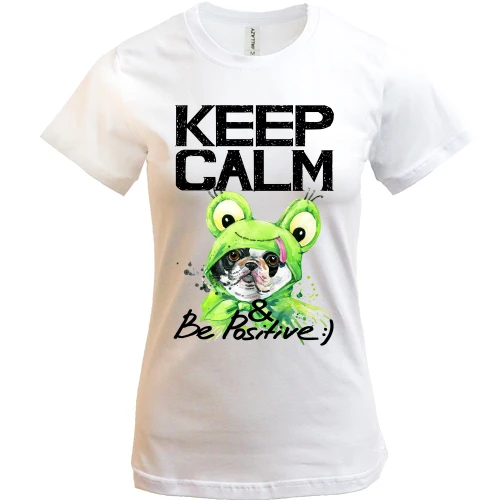 Женская футболка, Синий, с Бостон-терьером "Ceep calm & be positive"