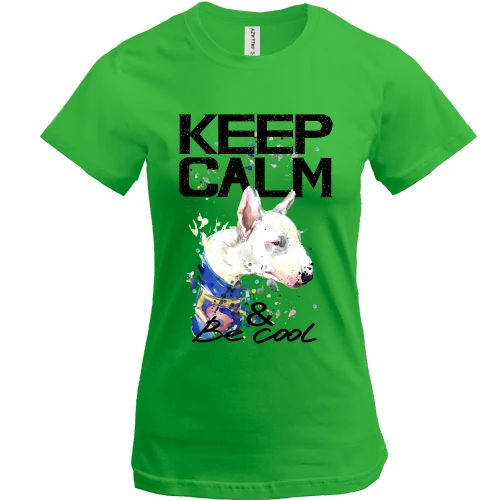 Женская футболка, Зеленый, з бультерьером Ceep calm and be cool