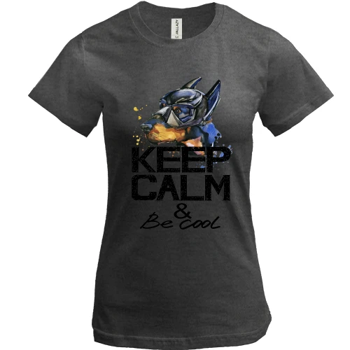 Женская футболка, Серый меланж, с доберманом "ceep calm & be cool"