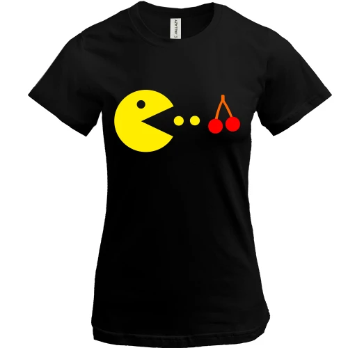 Женская футболка, Черный, Pacman с вишней